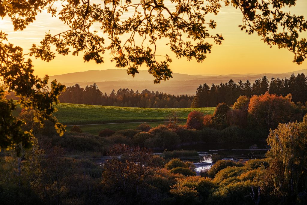 Sunkissed Landschaft © LN_Photoart Eine hügelige Landschaft, die durch den Sonnenunter in den Farben Geld, Orange und Rot erscheint.
